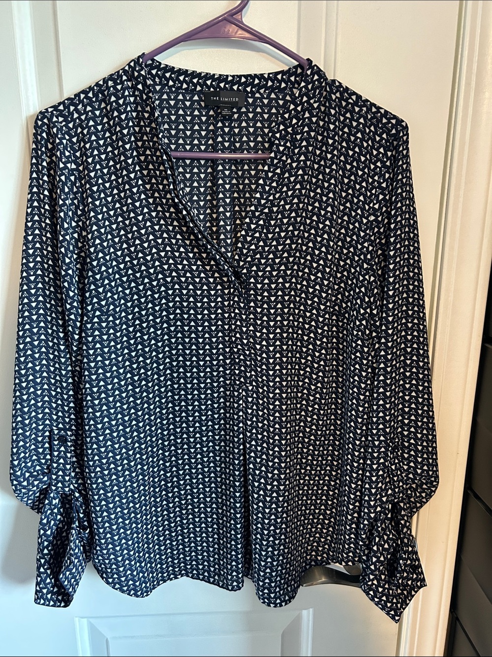The Limited Navy and White Geometric V-Neck Blouse